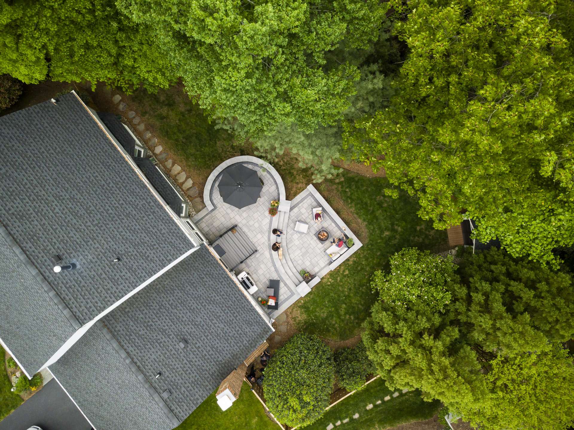 aerial view of two-tiered curved patio