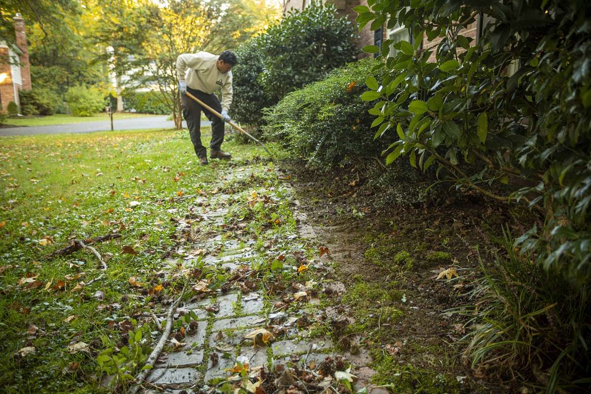 Landscape maintenance team leaning up landscape