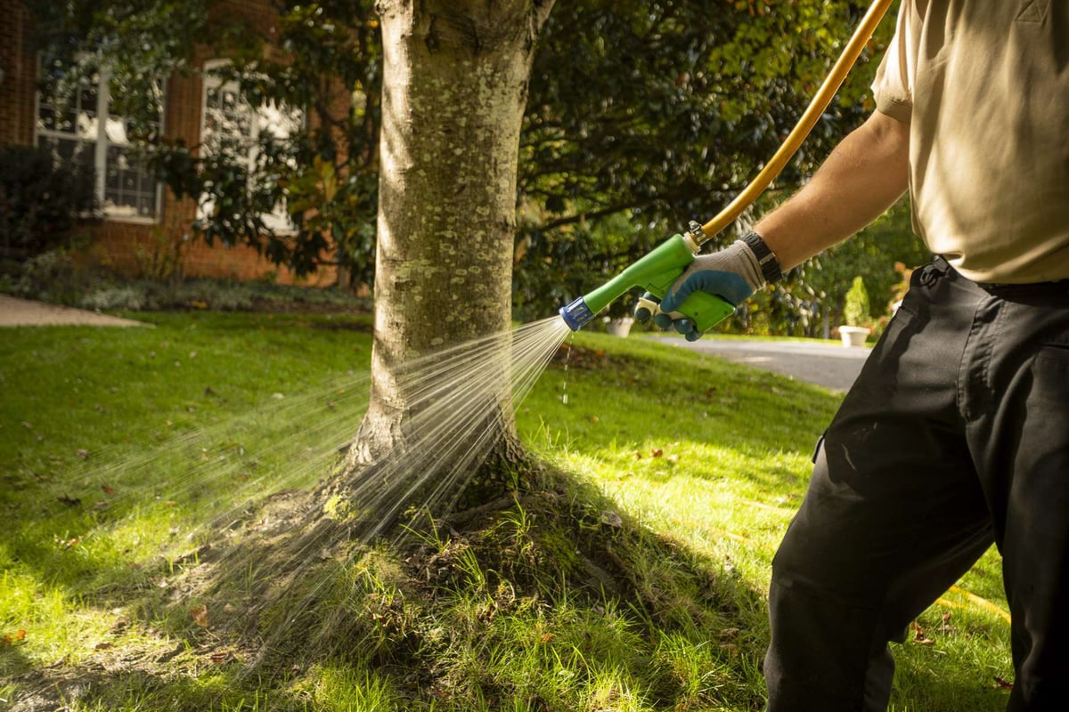 lawn care technician spraying weed control