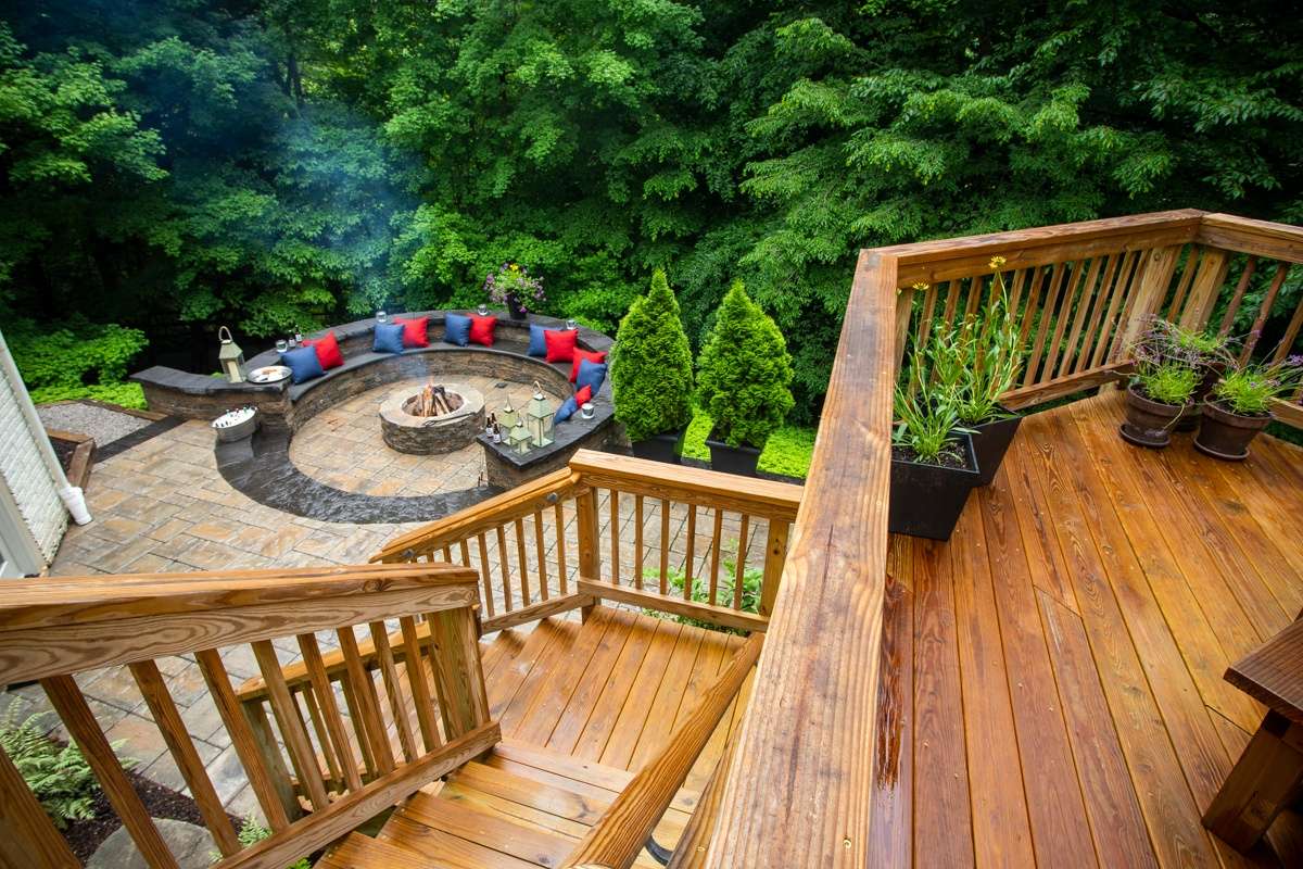 Backyard landscape with deck, patio and fire pit