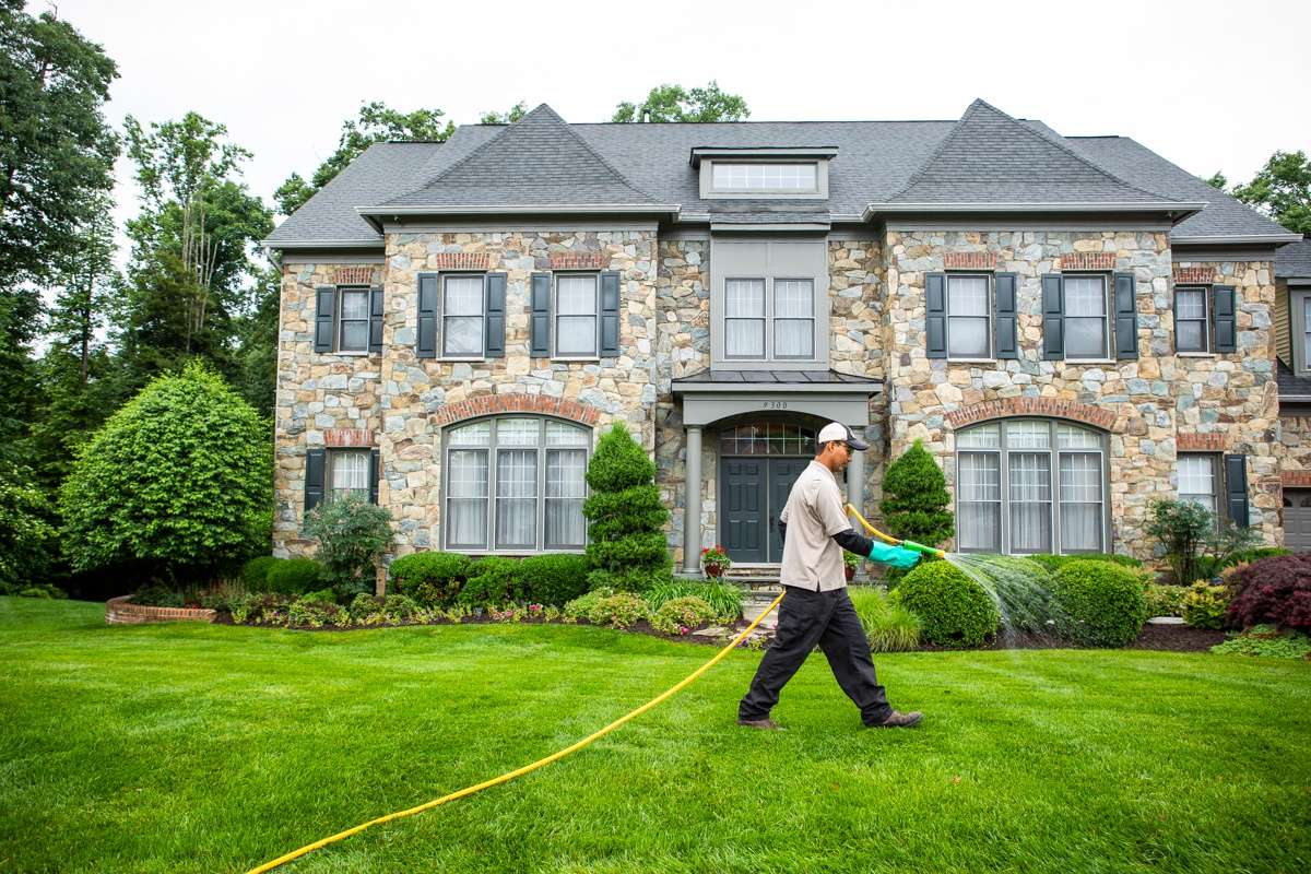 Kingstowne lawn care technician spraying lawn