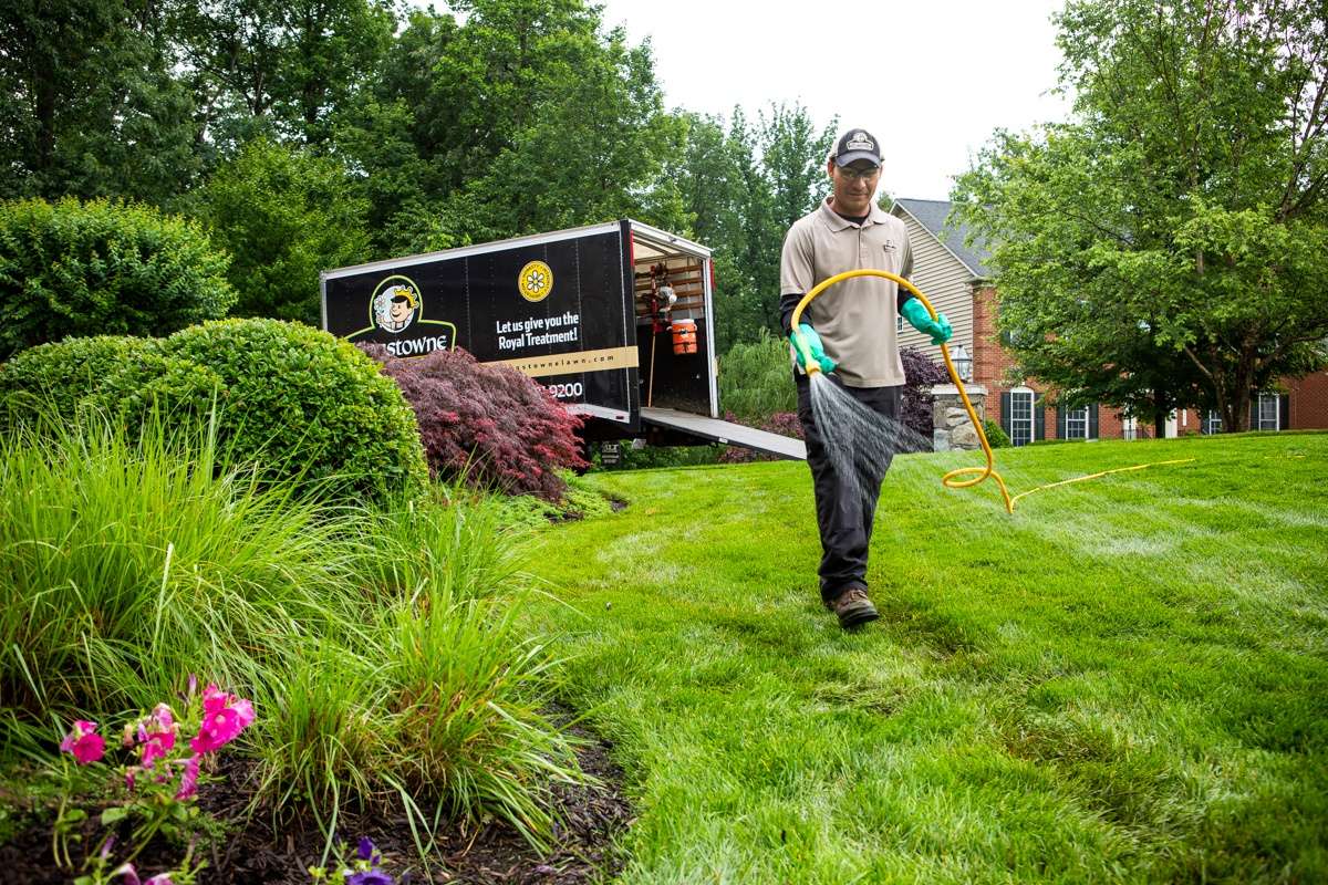 lawn care technician spraying lawn