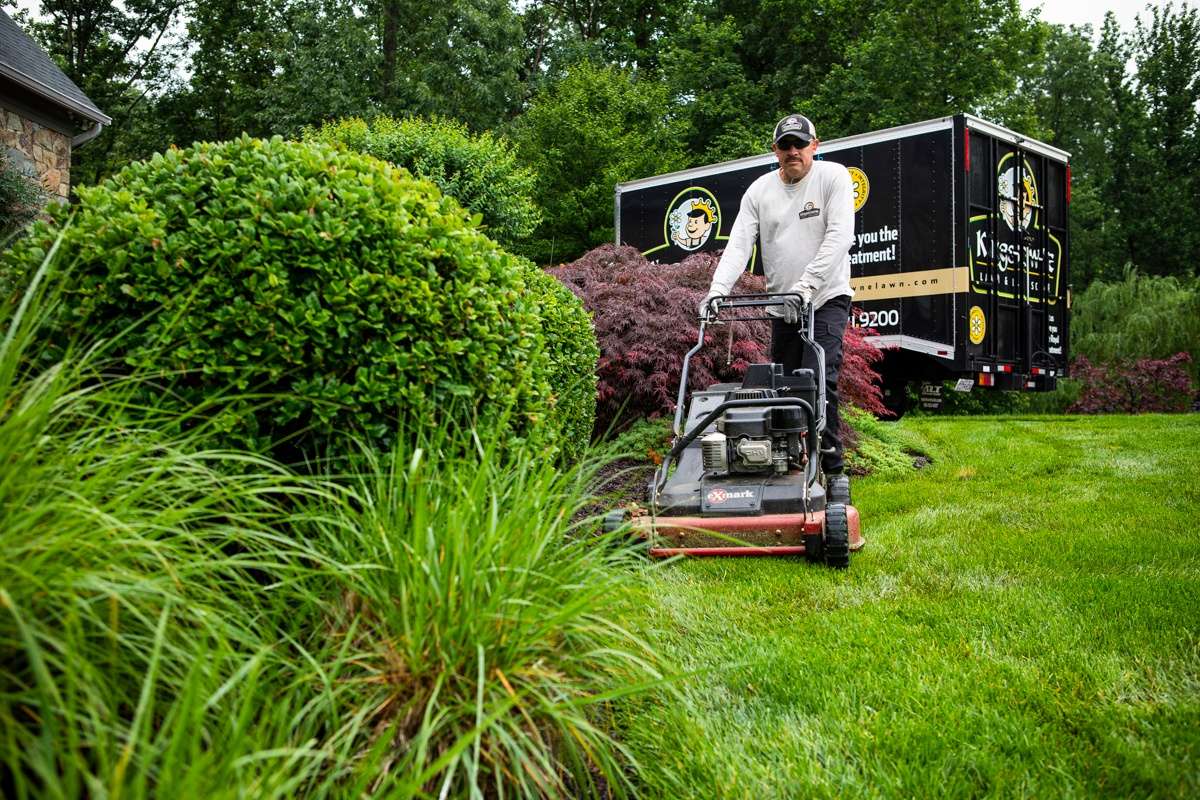 Kingstowne lawn care technician mowing healthy grass in Alexandria, VA