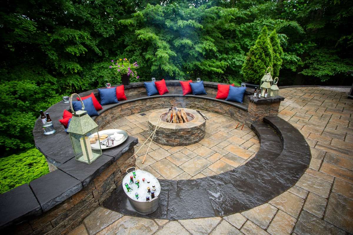 Private backyard patio with fire pit