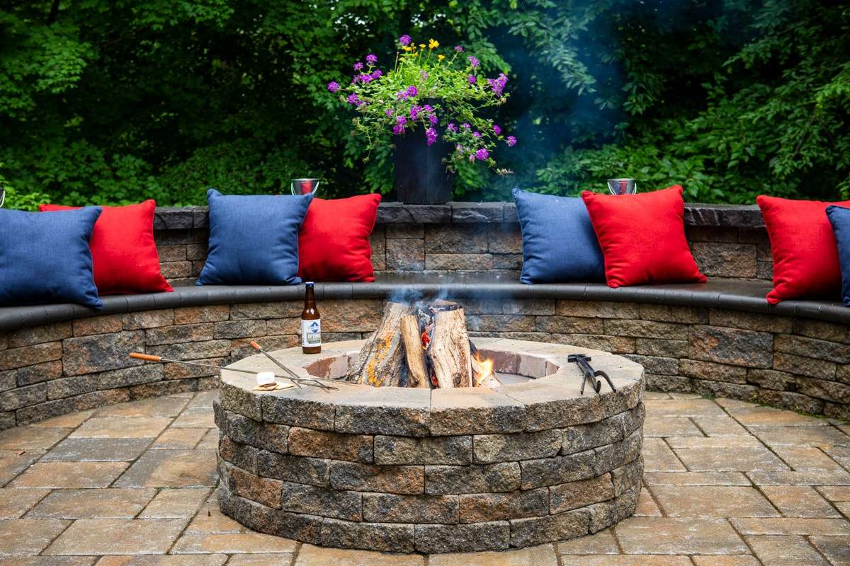 firepit with stone wall seating