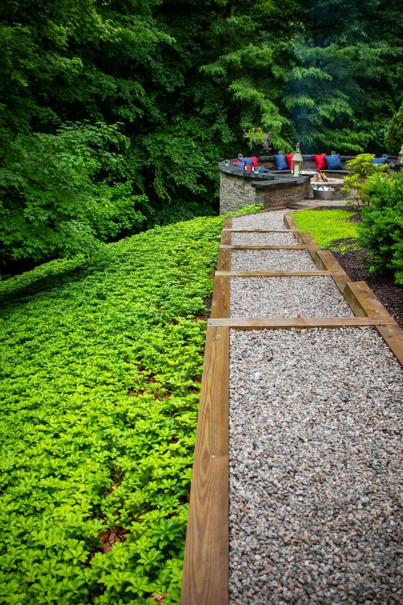 gravel walkway and steps to firepit