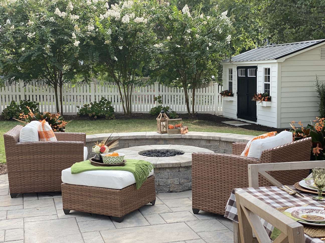 Fire pit and paver patio with seating 