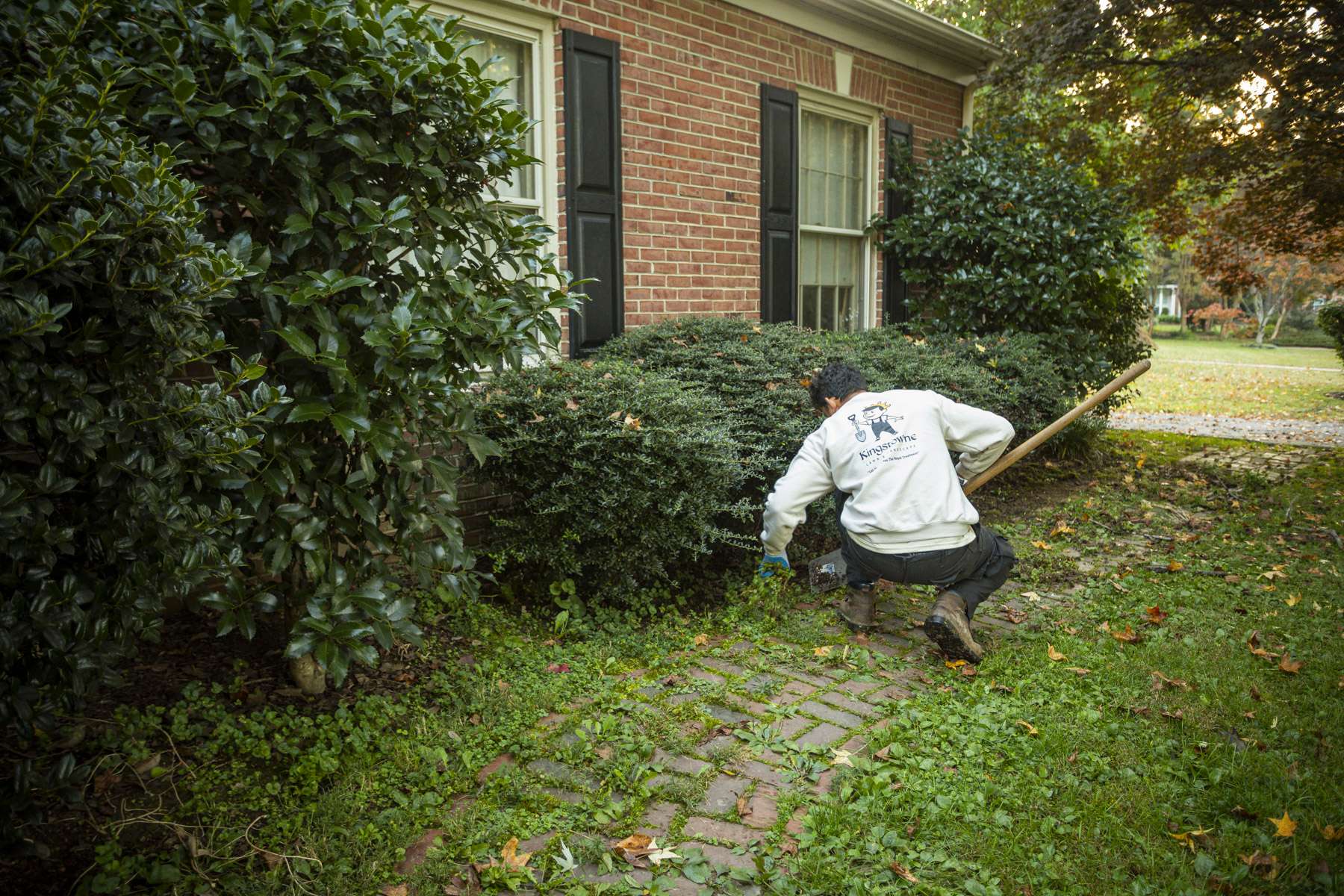landscape maintenance team pulls weeds at home