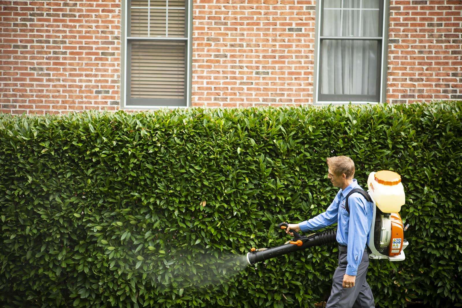 Pest control technician spraying mosquito control