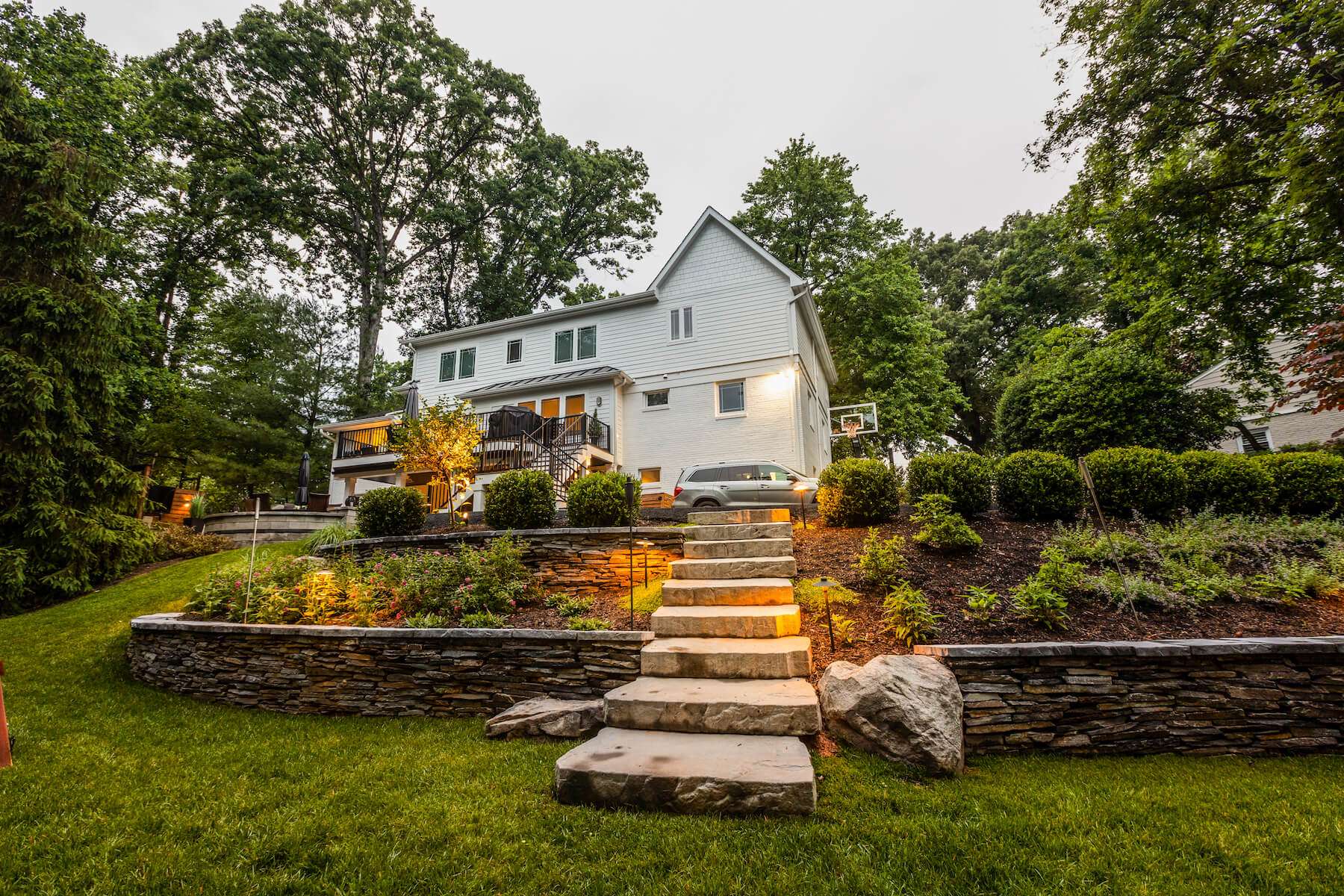stone steps and retaining walls with plantings