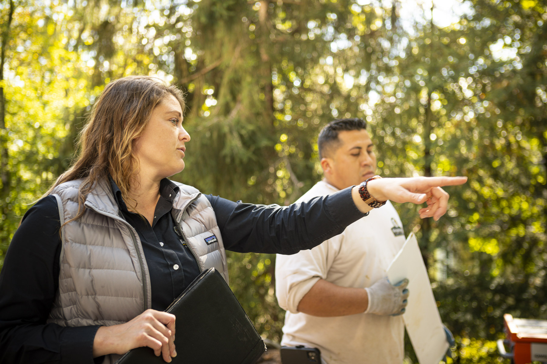 landscape designer and installation technician reviewing a landscape