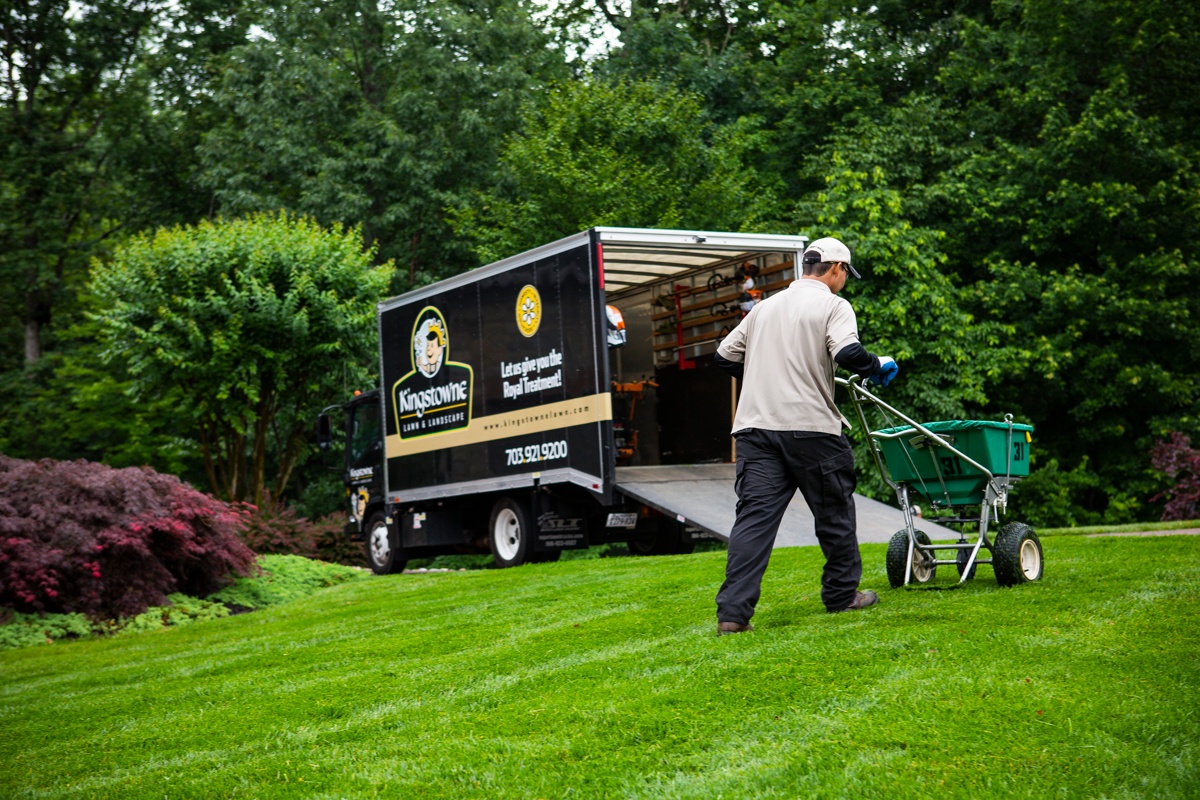 lawn care technician spreading fertilizer on a nice northern virginia lawn