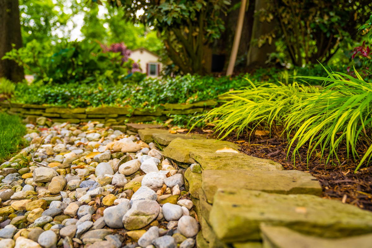 backyard border planting with rocks and perennials